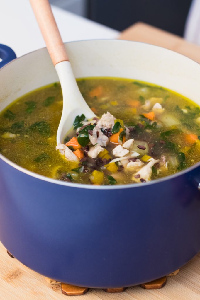 Ideas for using veggies before they wilt, chicken soup in a blue pot, Health and Yum food blogger